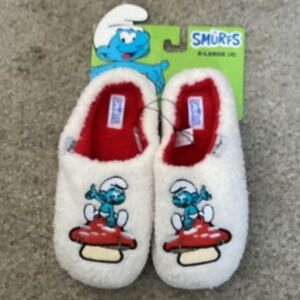 Smurfs Kids Slippers XLarge 4 White Fuzzy Plush Smurf Mushroom